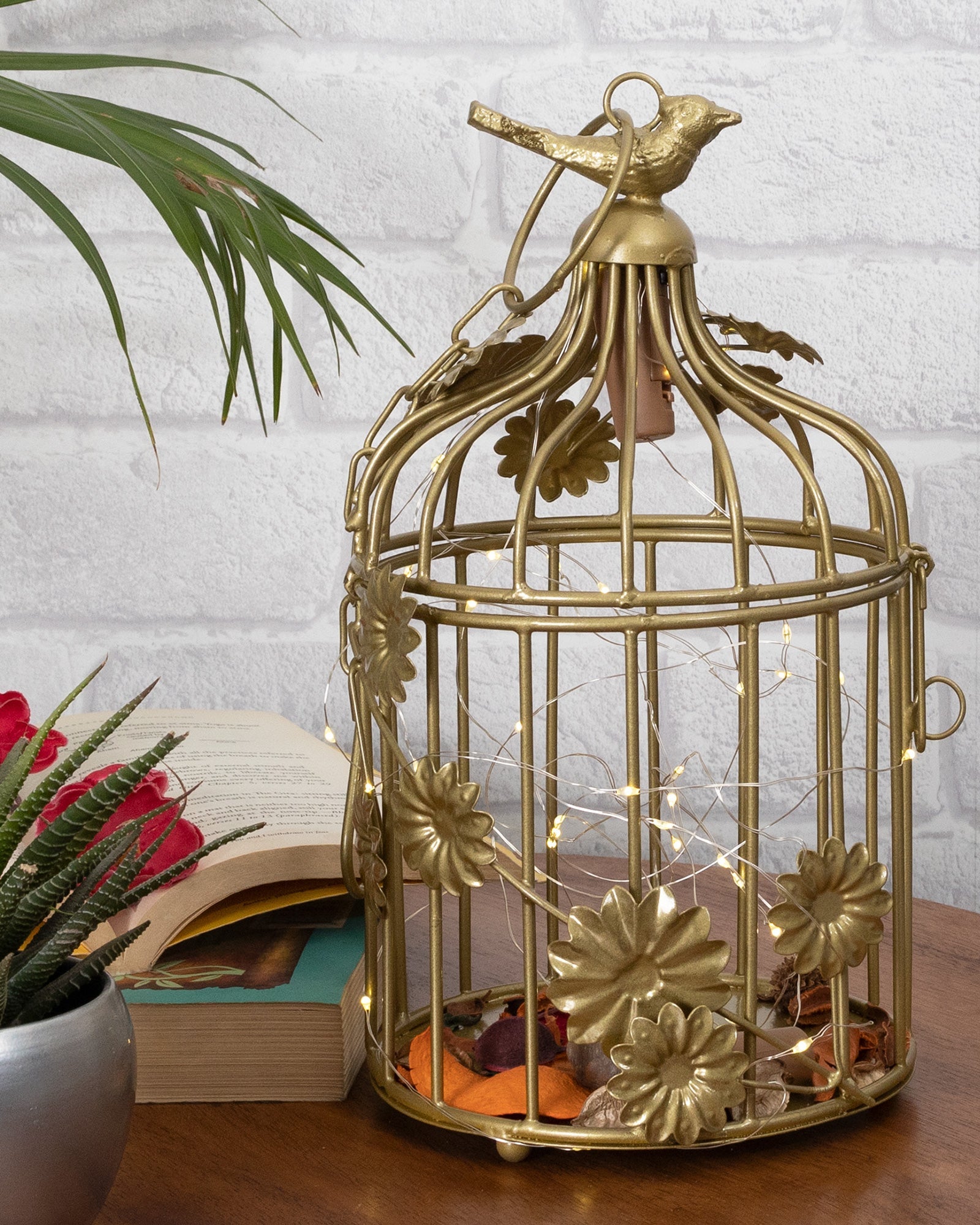 Modern Style Iron Decorative White Bird Cage Small with Hanging Chain Tabletop or Hanging Tealight Holder Candle Holder with Cork String Light