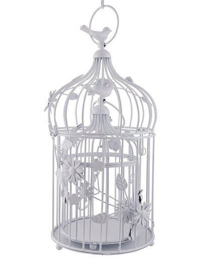 Set of 2 Modern Style Iron Decorative White Bird Cage with Hanging Chain Tabletop or Hanging Tealight Holder Candle Holder with Cork String Light
