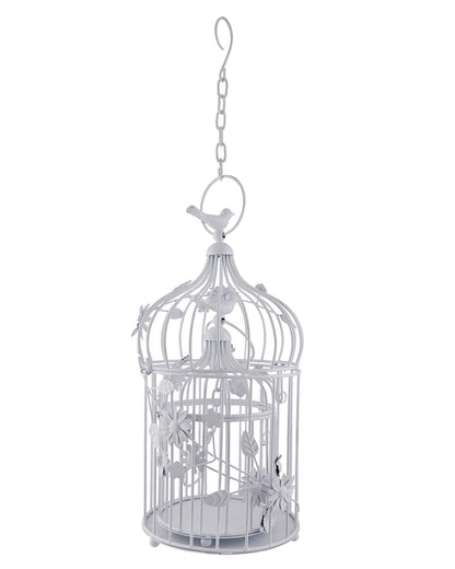 Set of 2 Modern Style Iron Decorative White Bird Cage with Hanging Chain Tabletop or Hanging Tealight Holder Candle Holder with Cork String Light