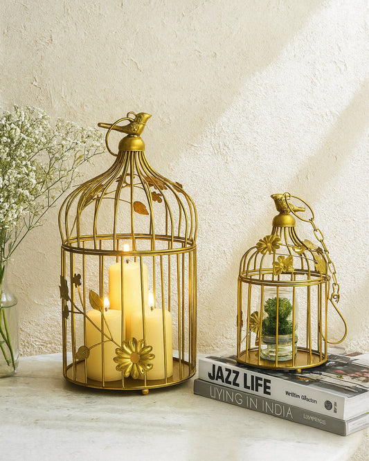 Set of 2 Modern Style Iron Decorative White Bird Cage with Hanging Chain Tabletop or Hanging Tealight Holder Candle Holder with Cork String Light