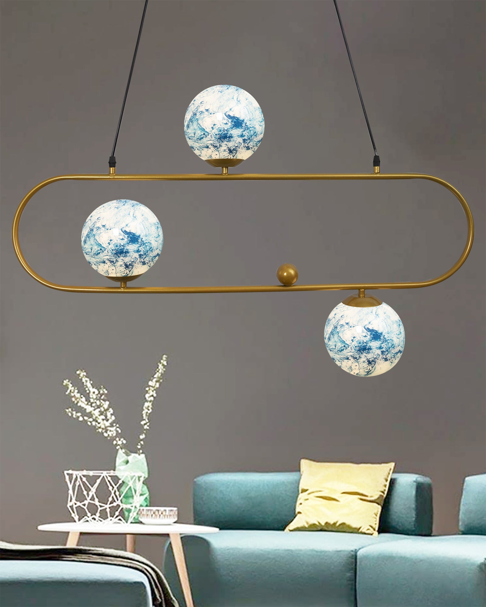 April in Paris Golden Oval Chandelier with Frosted Glass, 3 Light Pendant Light
