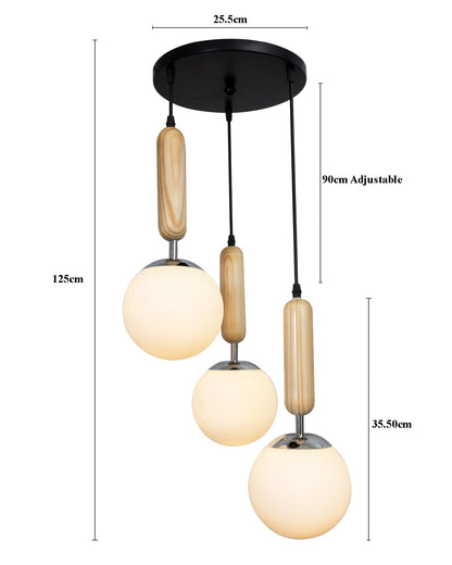 Wooden Chandelier Round Plate hanging light with chrome finish, frosted glass globes