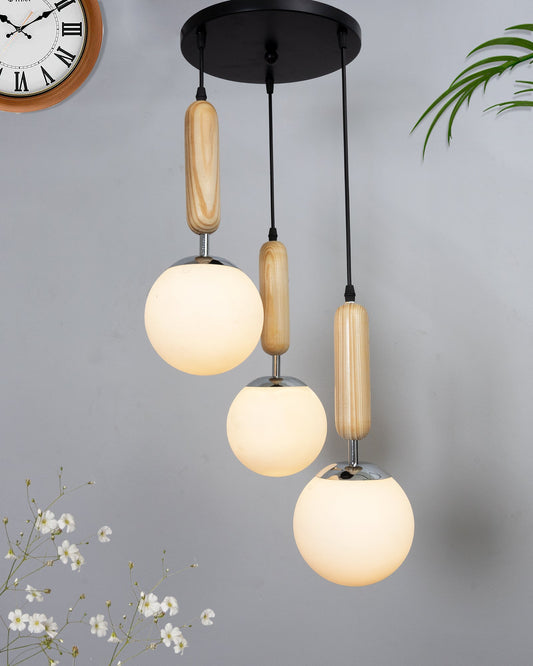 Wooden Chandelier Round Plate hanging light with chrome finish, frosted glass globes
