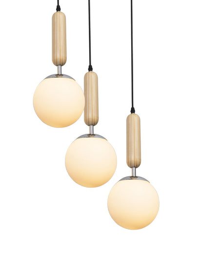 Wooden Chandelier Round Plate hanging light with chrome finish, frosted glass globes