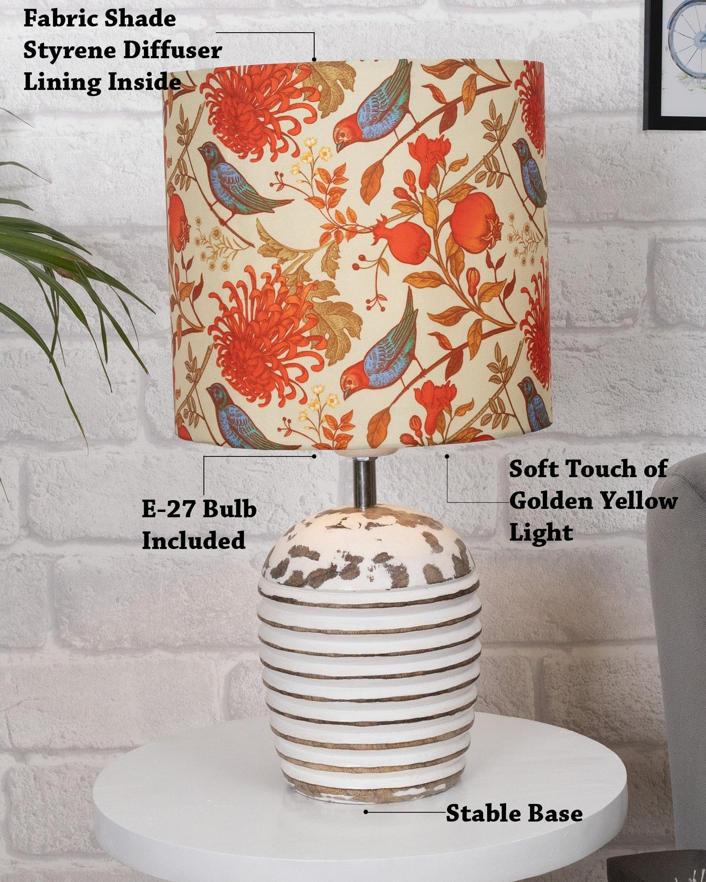 Modern Table Lamp, Wooden Base Modern Fabric Lampshade for Home Office Cafe Restaurant, Ribbed Basket