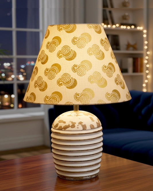 Modern Table Lamp, Wooden Base Modern Fabric Lampshade for Home Office Cafe Restaurant, Ribbed Basket