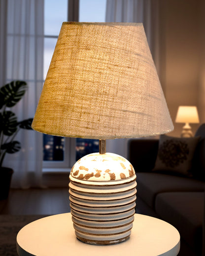 Modern Table Lamp, Wooden Base Modern Fabric Lampshade for Home Office Cafe Restaurant, Ribbed Basket