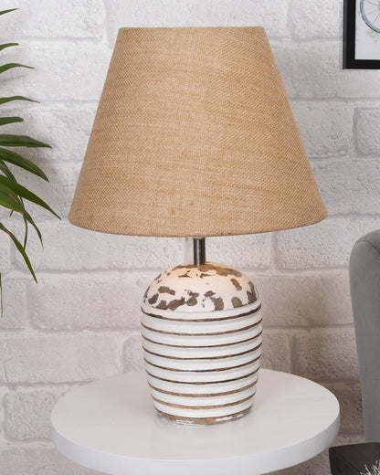 Modern Table Lamp, Wooden Base Modern Fabric Lampshade for Home Office Cafe Restaurant, Ribbed Basket