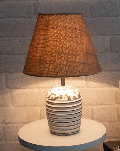 Modern Table Lamp, Wooden Base Modern Fabric Lampshade for Home Office Cafe Restaurant, Ribbed Basket