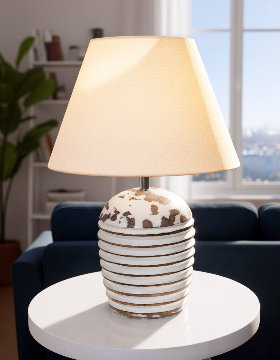 Modern Table Lamp, Wooden Base Modern Fabric Lampshade for Home Office Cafe Restaurant, Ribbed Basket