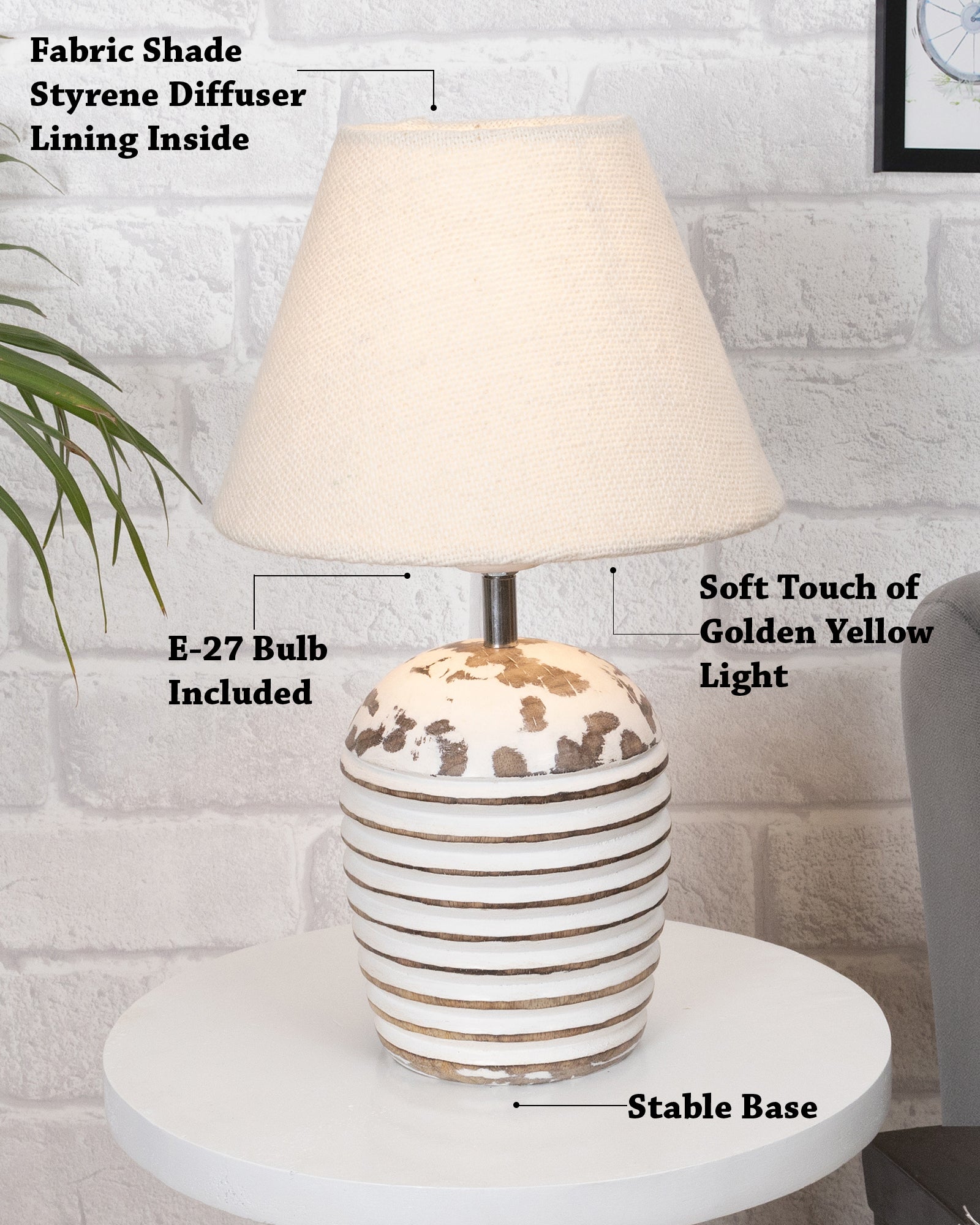 Modern Table Lamp, Wooden Base Modern Fabric Lampshade for Home Office Cafe Restaurant, Ribbed Basket