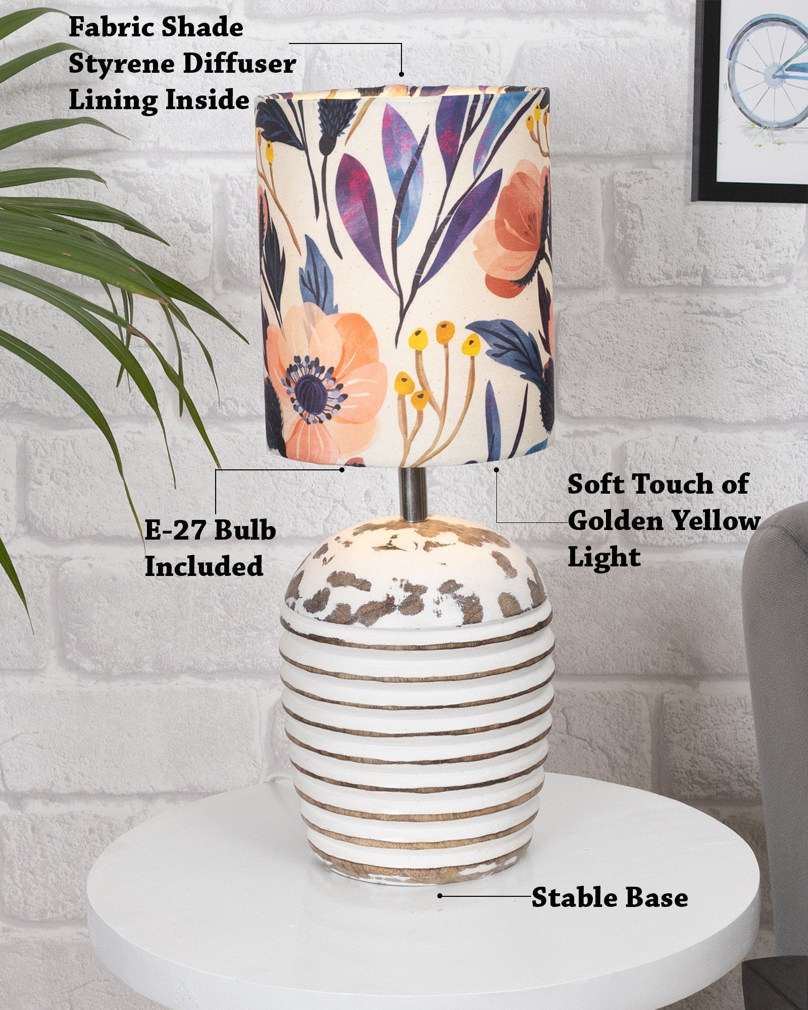 Modern Table Lamp, Wooden Base Modern Fabric Lampshade for Home Office Cafe Restaurant, Ribbed Basket