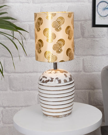 Modern Table Lamp, Wooden Base Modern Fabric Lampshade for Home Office Cafe Restaurant, Ribbed Basket