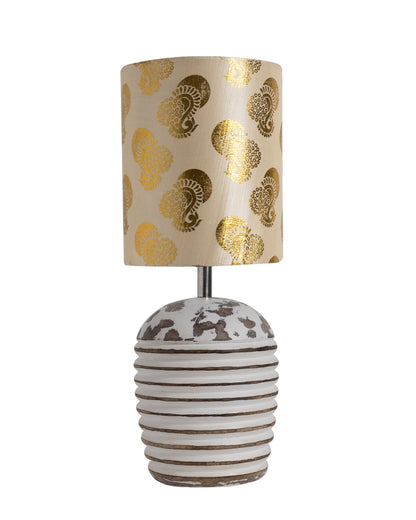 Modern Table Lamp, Wooden Base Modern Fabric Lampshade for Home Office Cafe Restaurant, Ribbed Basket