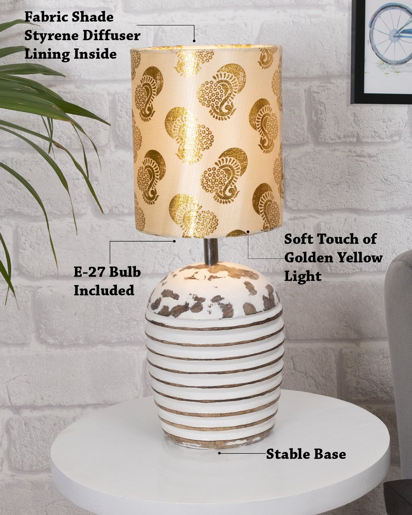 Modern Table Lamp, Wooden Base Modern Fabric Lampshade for Home Office Cafe Restaurant, Ribbed Basket