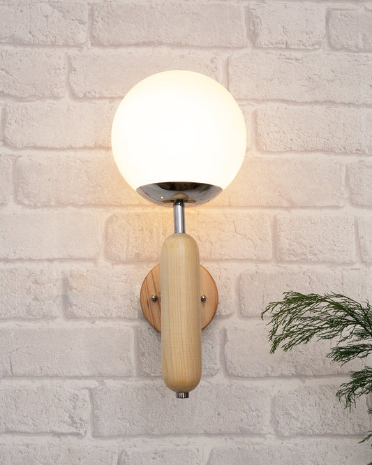 Wood Bullet Wall Lamp with chrome finish, lamp white glass globe
