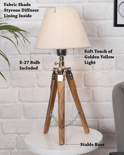 Modern Table Lamp, Wooden Base Modern Fabric Lampshade for Home Office Cafe Restaurant, Tripod