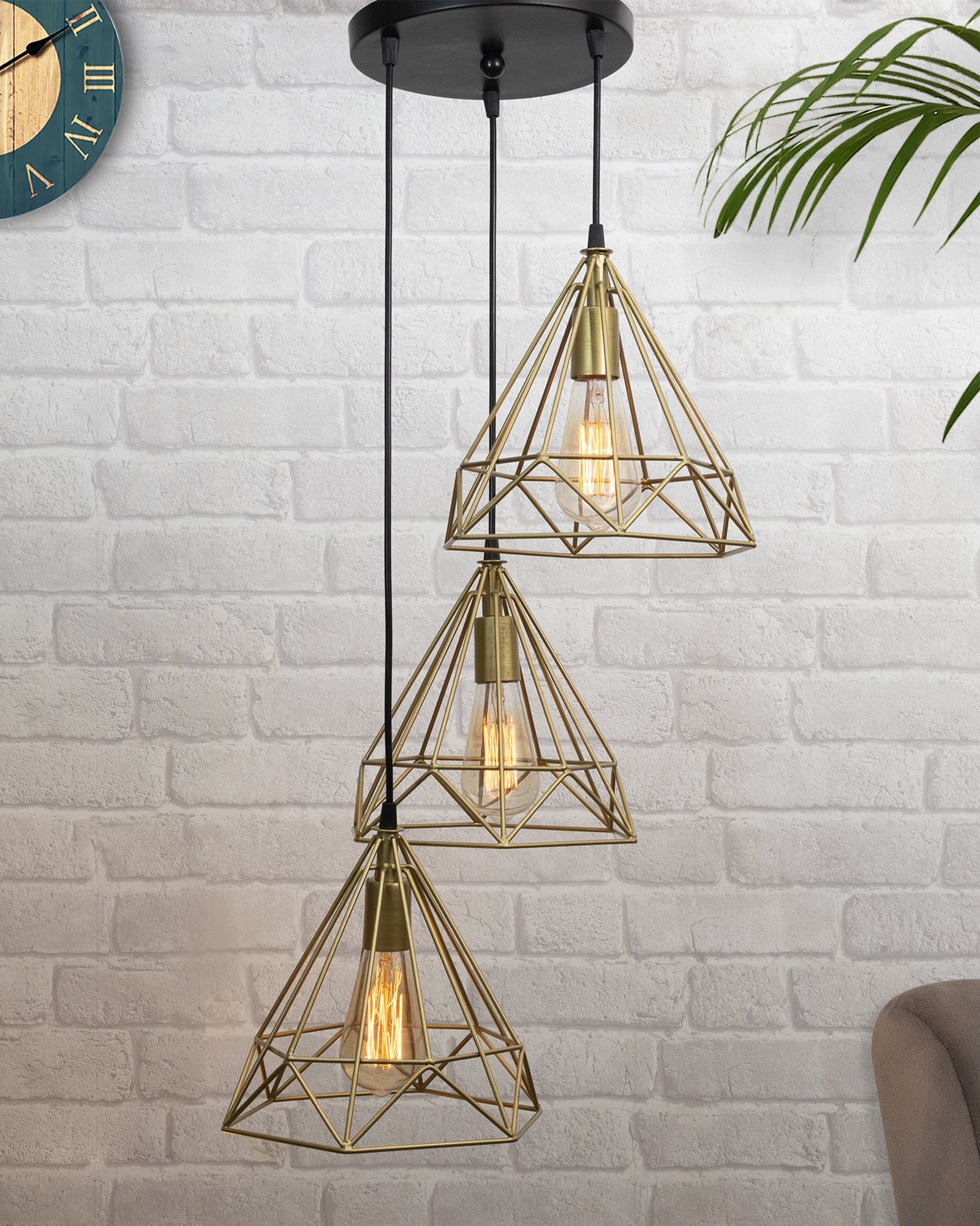 Round 3 Lights Cluster Chandelier Diamond Hanging Pendant Light With Black Cord