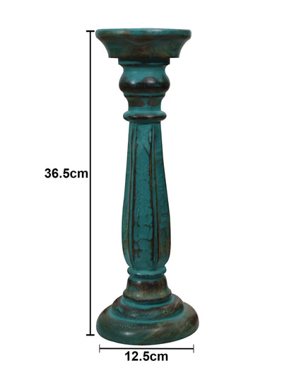 Wooden Pillar Candle Stand, Hand Crafted Wood Candle Holders for Living Room, Table Centerpiece, Hallway Decor Polish, Turquoise