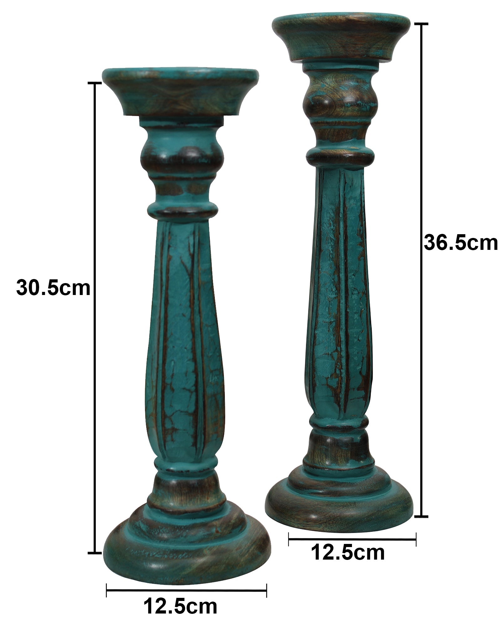 Wooden Pillar Candle Stand, Hand Crafted Wood Candle Holders for Living Room, Table Centerpiece, Hallway Decor Polish, Turquoise