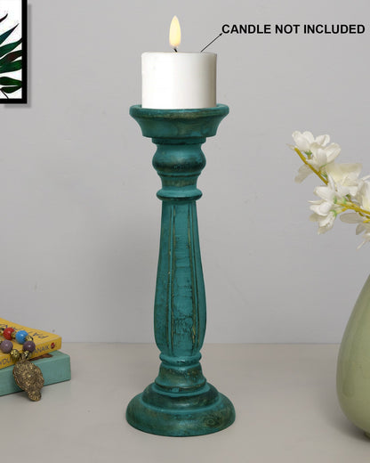 Wooden Pillar Candle Stand, Hand Crafted Wood Candle Holders for Living Room, Table Centerpiece, Hallway Decor Polish, Turquoise