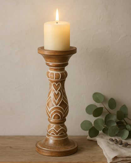 Wooden Pillar Candle Stand, Hand Crafted Wood Candle Holders for Living Room, Table Centerpiece, Hallway Decor Polish, Antique White