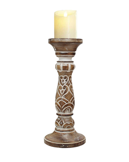 Wooden Pillar Candle Stand, Hand Crafted Wood Candle Holders for Living Room, Table Centerpiece, Hallway Decor Polish, Antique White