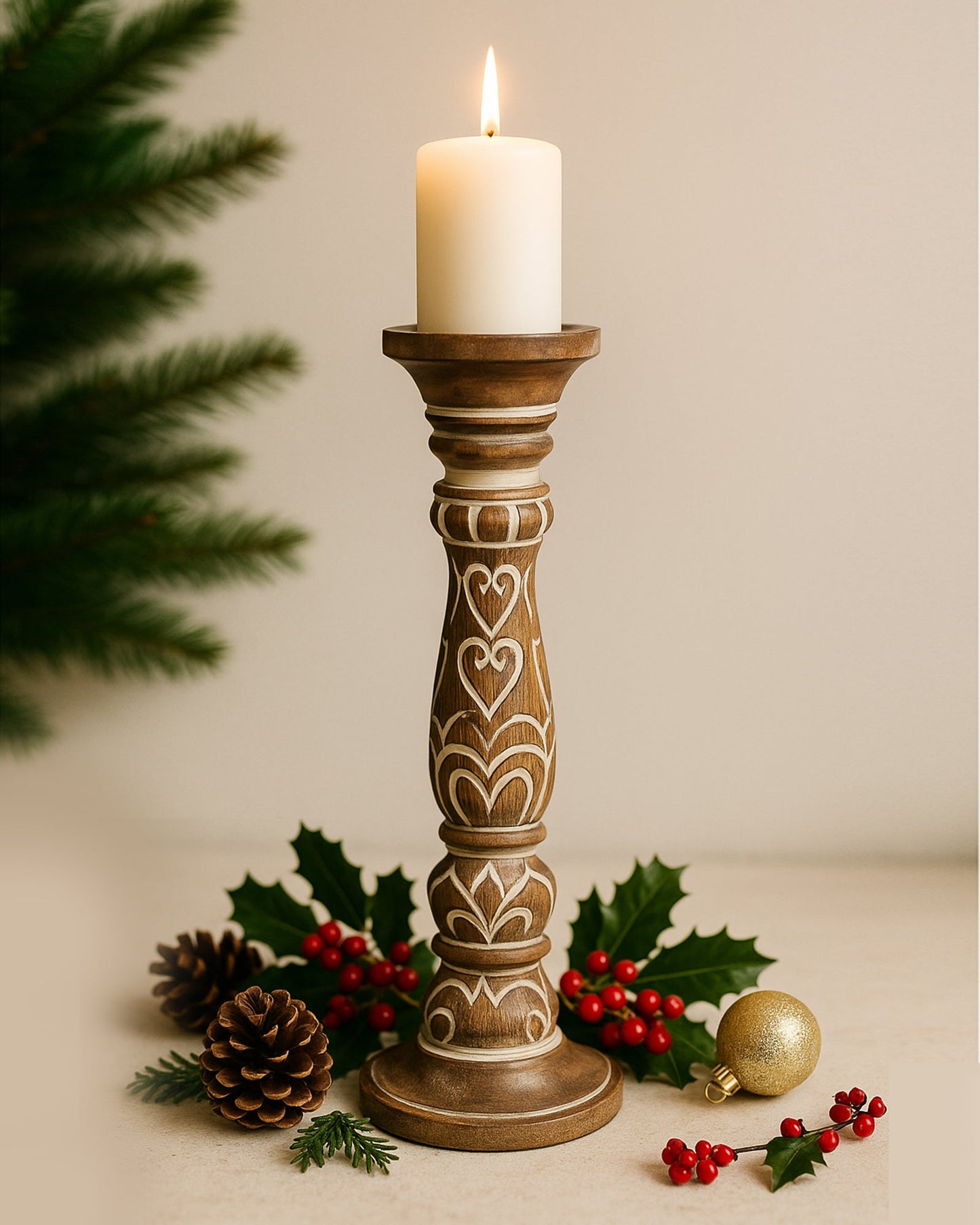 Wooden Pillar Candle Stand, Hand Crafted Wood Candle Holders for Living Room, Table Centerpiece, Hallway Decor Polish, Antique White