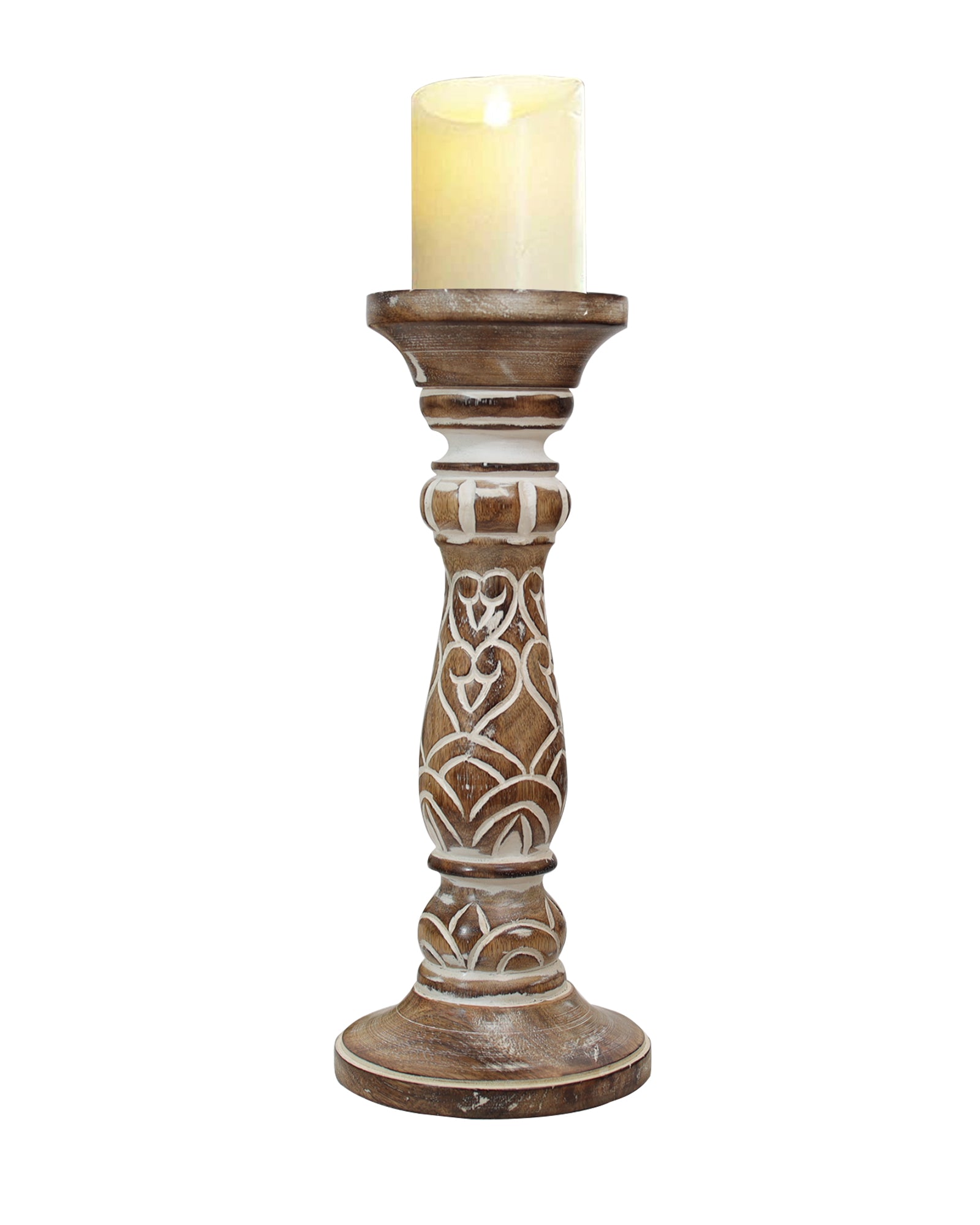 Wooden Pillar Candle Stand, Hand Crafted Wood Candle Holders for Living Room, Table Centerpiece, Hallway Decor Polish, Antique White