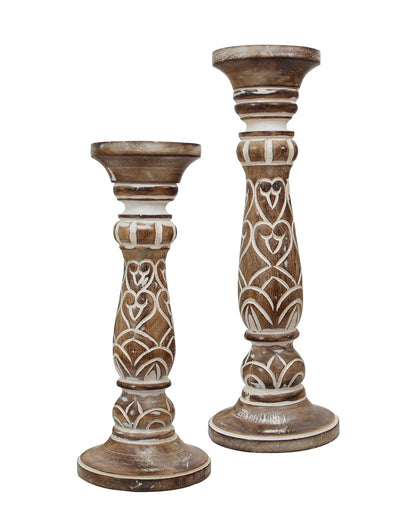 Wooden Pillar Candle Stand, Hand Crafted Wood Candle Holders for Living Room, Table Centerpiece, Hallway Decor Polish, Antique White