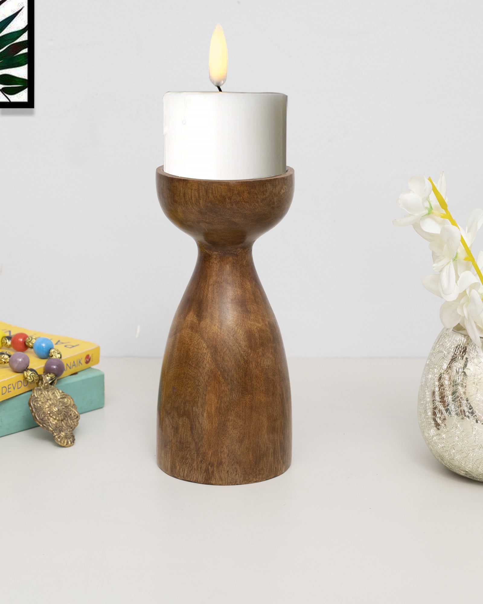 Wooden Pillar Candle Stand, Hand Crafted Wood Candle Holders for Living Room, Table Centerpiece, Hallway Decor Polish, Walnut Cubist