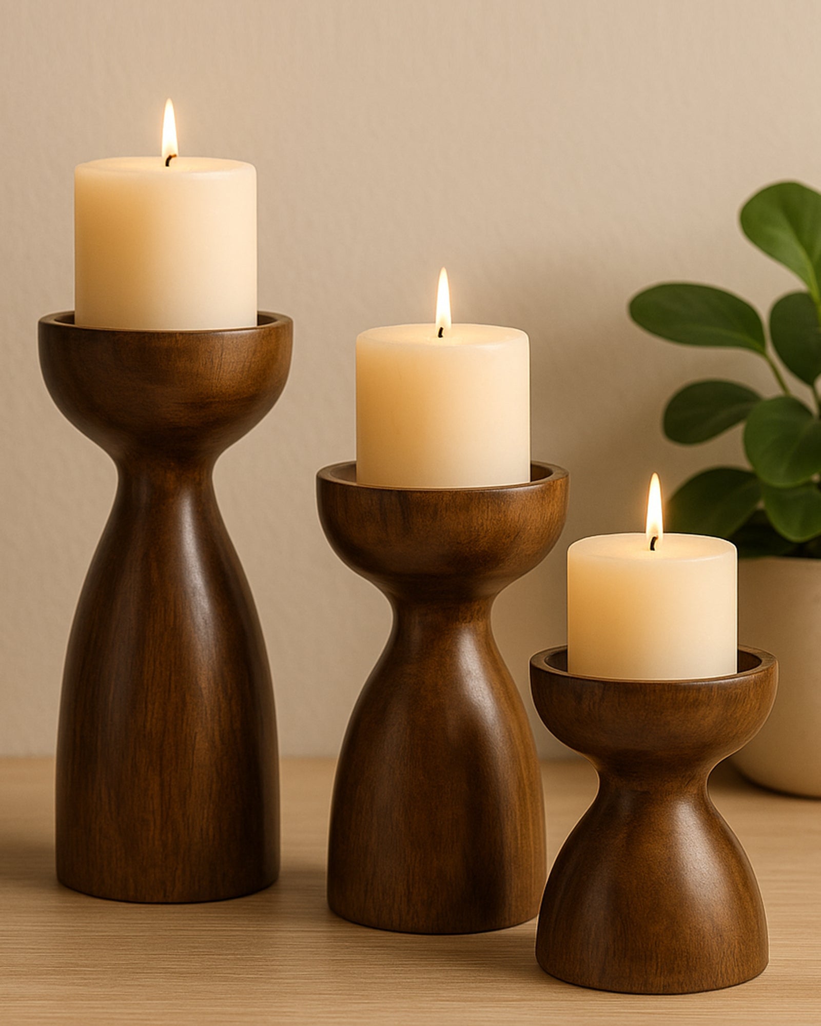 Wooden Pillar Candle Stand, Hand Crafted Wood Candle Holders for Living Room, Table Centerpiece, Hallway Decor Polish, Walnut Cubist