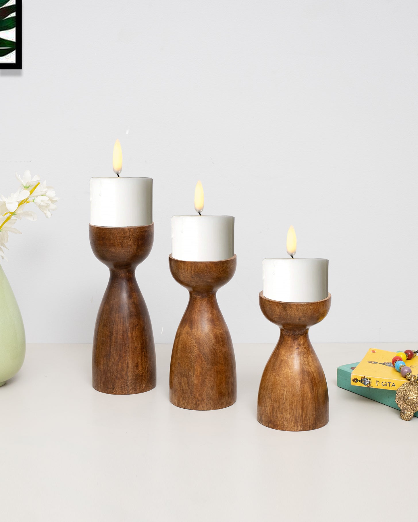 Wooden Pillar Candle Stand, Hand Crafted Wood Candle Holders for Living Room, Table Centerpiece, Hallway Decor Polish, Walnut Cubist