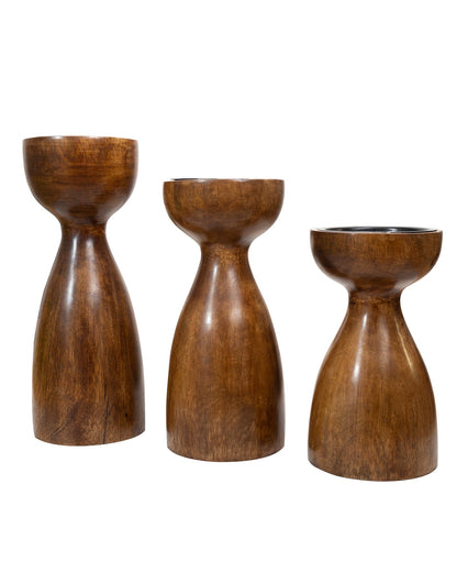 Wooden Pillar Candle Stand, Hand Crafted Wood Candle Holders for Living Room, Table Centerpiece, Hallway Decor Polish, Walnut Cubist