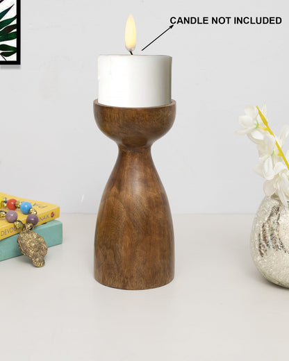 Wooden Pillar Candle Stand, Hand Crafted Wood Candle Holders for Living Room, Table Centerpiece, Hallway Decor Polish, Walnut Cubist