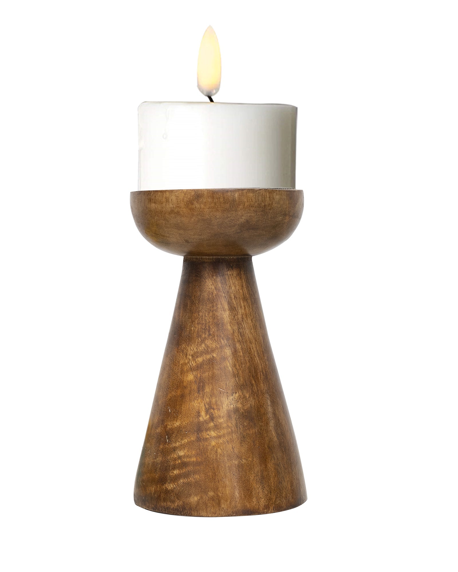 Wooden Pillar Candle Stand, Hand Crafted Wood Candle Holders for Living Room, Table Centerpiece, Hallway Decor Polish, Walnut Cone