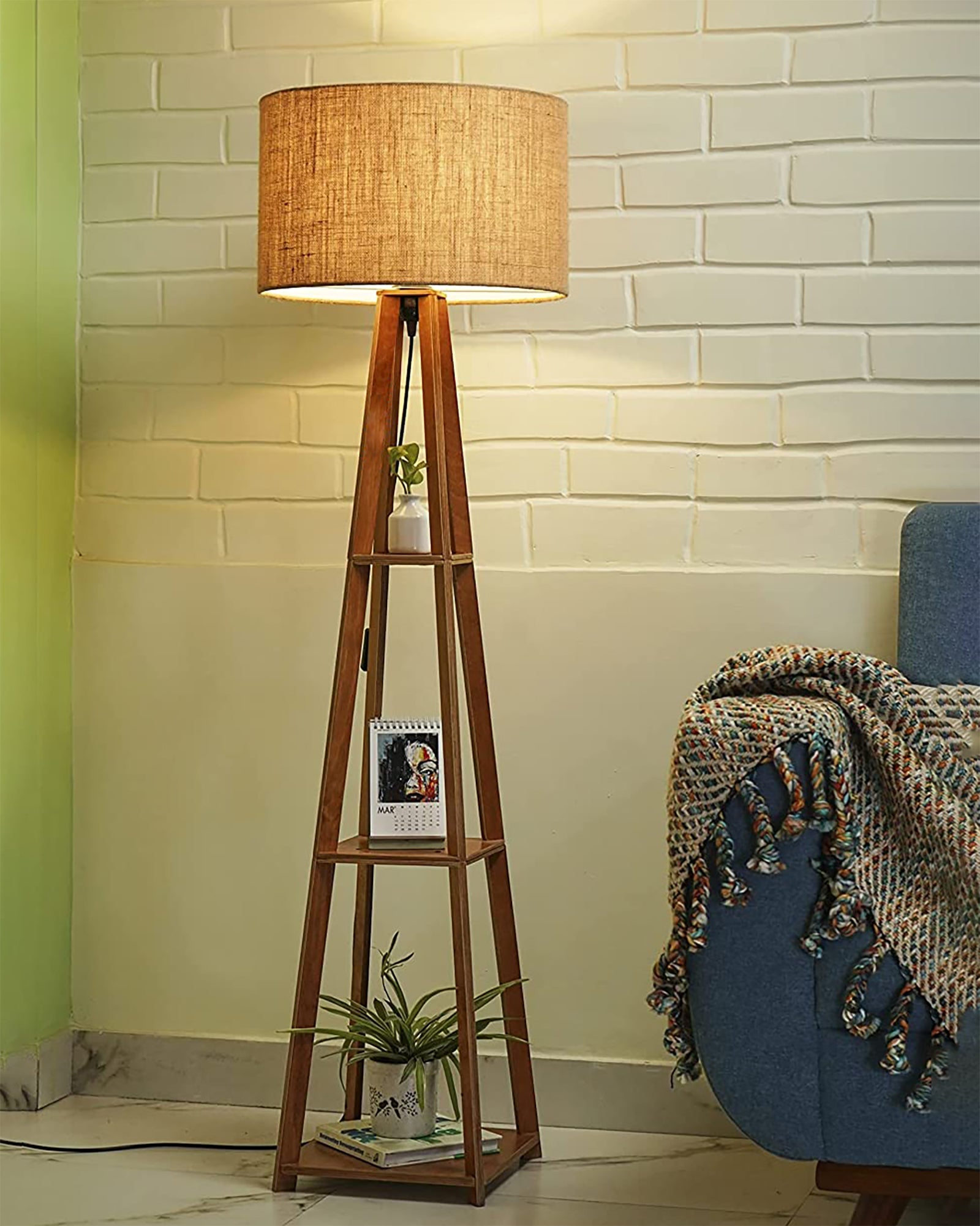 Homesake® Wood Natural Colour 3 Layer Floor Lamp for Living Room With 16" Oka Shade Jute Decor Corner Lamp For Living Room | Standing Lamp | Reading House Bedroom Home