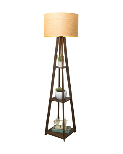Homesake® Wood Natural Colour 3 Layer Floor Lamp for Living Room With 16" Oka Shade Jute Decor Corner Lamp For Living Room | Standing Lamp | Reading House Bedroom Home