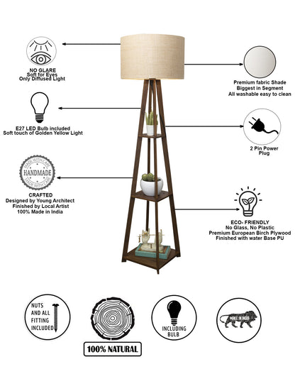 Homesake® Wood Natural Colour 3 Layer Floor Lamp for Living Room With 16" Oka Shade Jute Decor Corner Lamp For Living Room | Standing Lamp | Reading House Bedroom Home