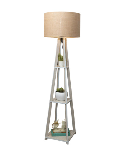 Homesake® Wood Natural Colour 3 Layer Floor Lamp for Living Room With 16" Oka Shade Jute Decor Corner Lamp For Living Room | Standing Lamp | Reading House Bedroom Home