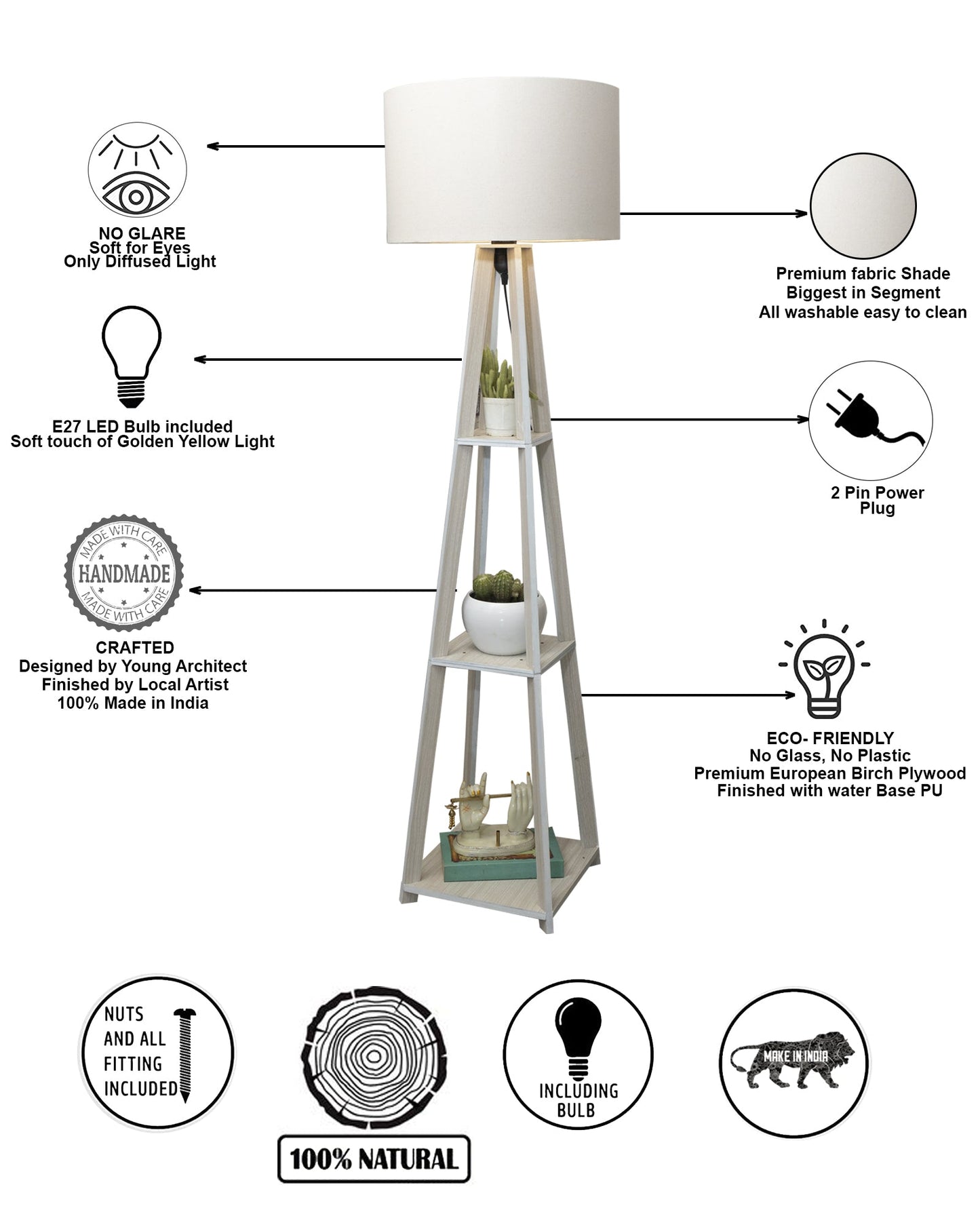 Homesake® Wood Natural Colour 3 Layer Floor Lamp for Living Room With 16" Oka Shade Jute Decor Corner Lamp For Living Room | Standing Lamp | Reading House Bedroom Home