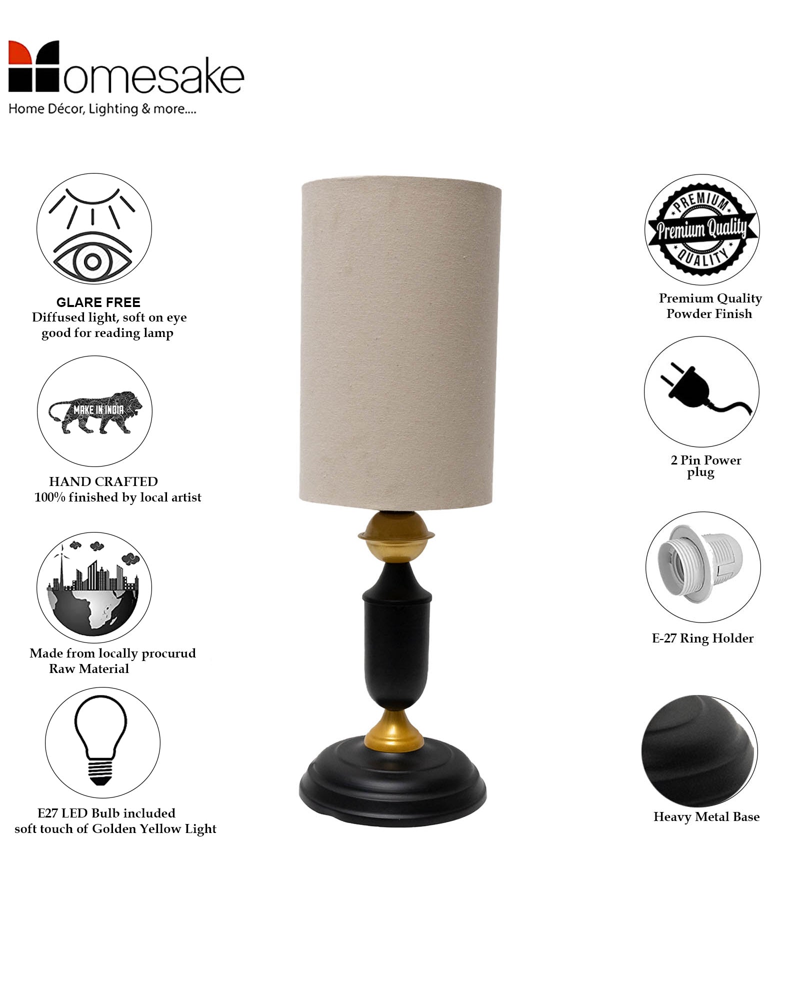 Murphy Black Table Lamp with Shade, LED bulb included