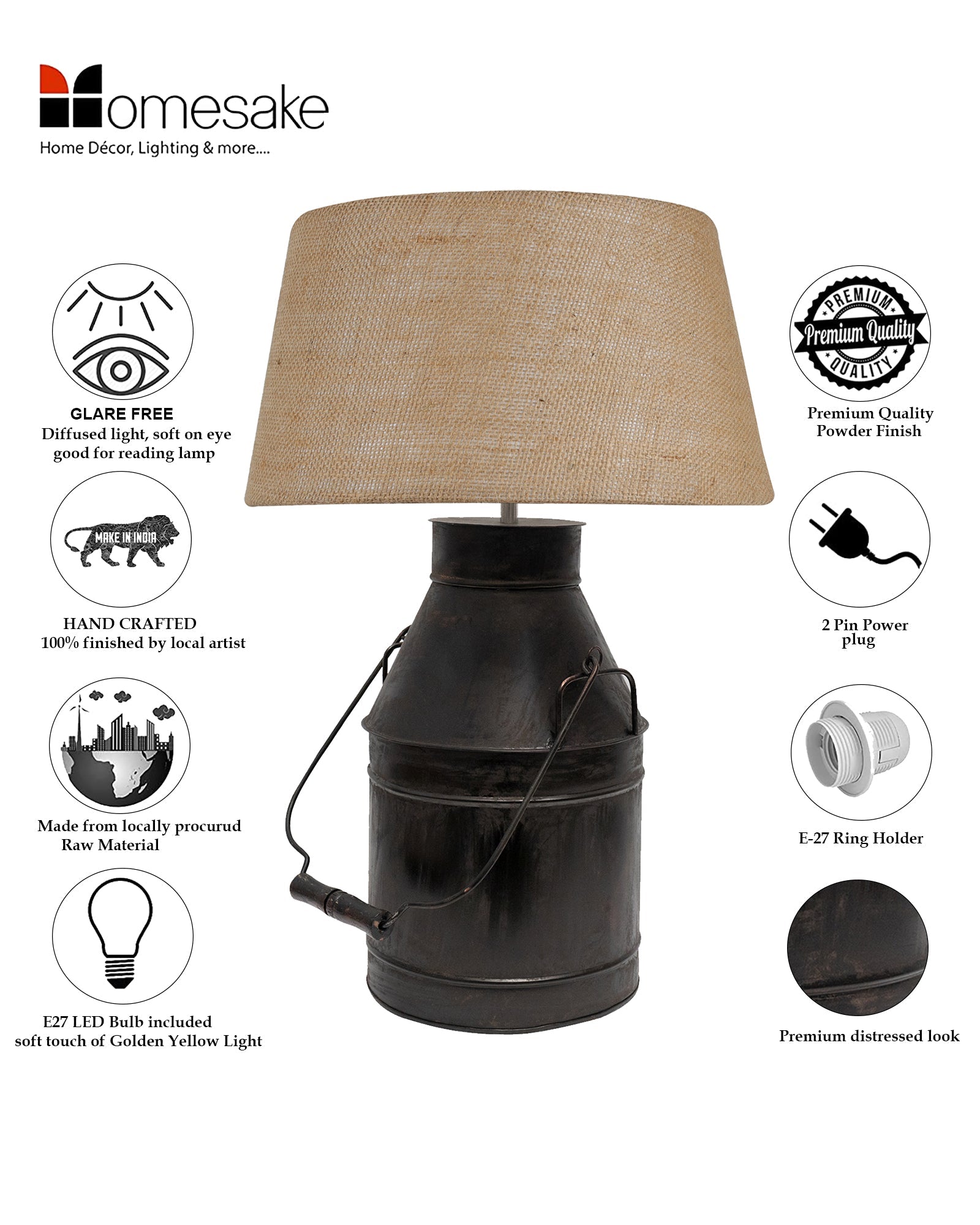 Rustic Milk Churn Can Table Lamp with shade, Black Rust Finish