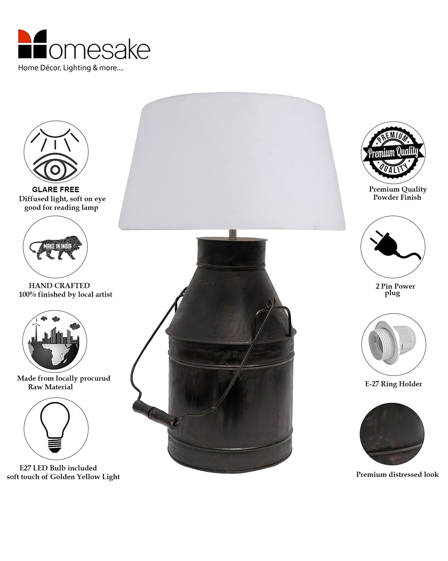 Rustic Milk Churn Can Table Lamp with shade, Black Rust Finish