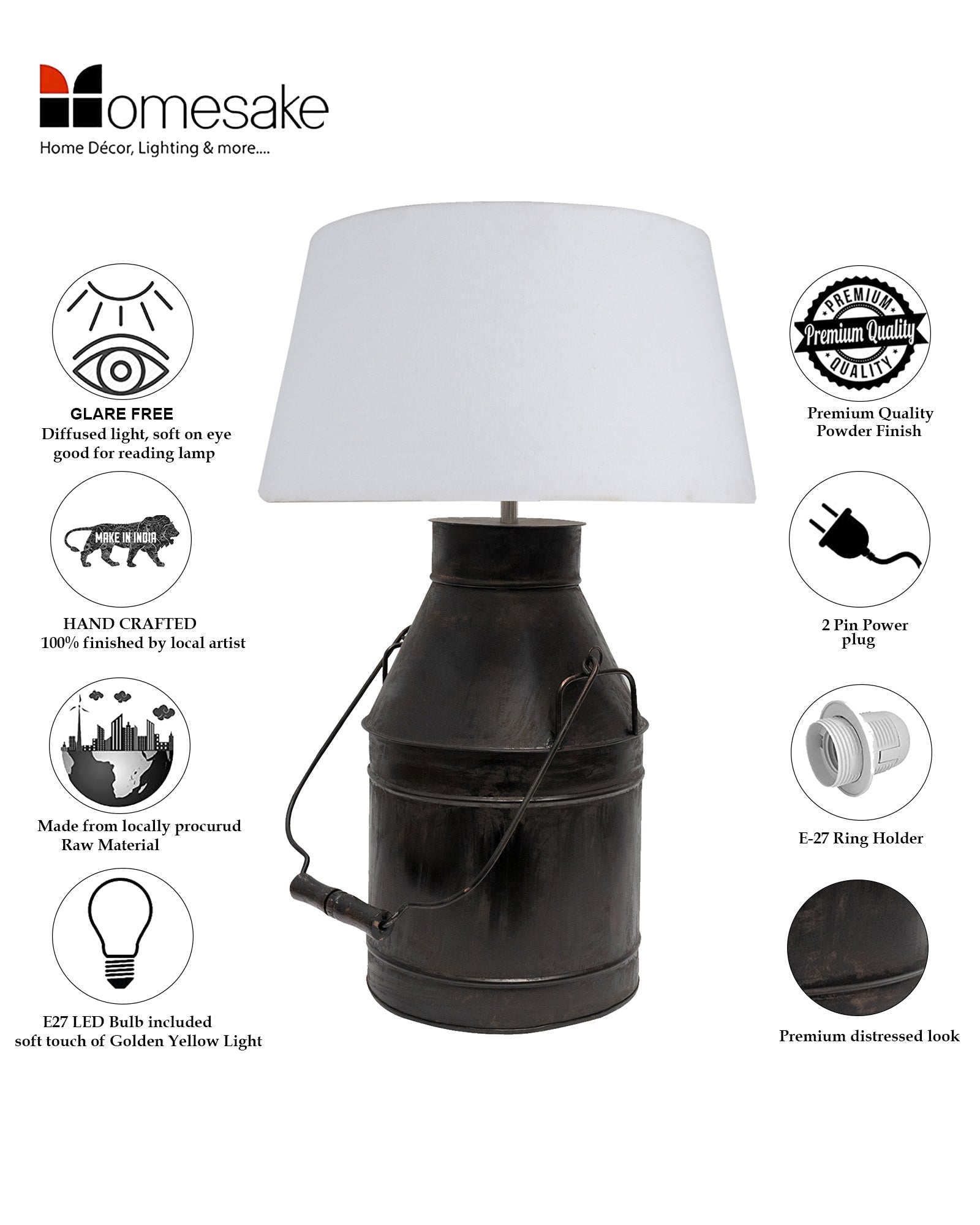 Rustic Milk Churn Can Table Lamp with shade, Black Rust Finish