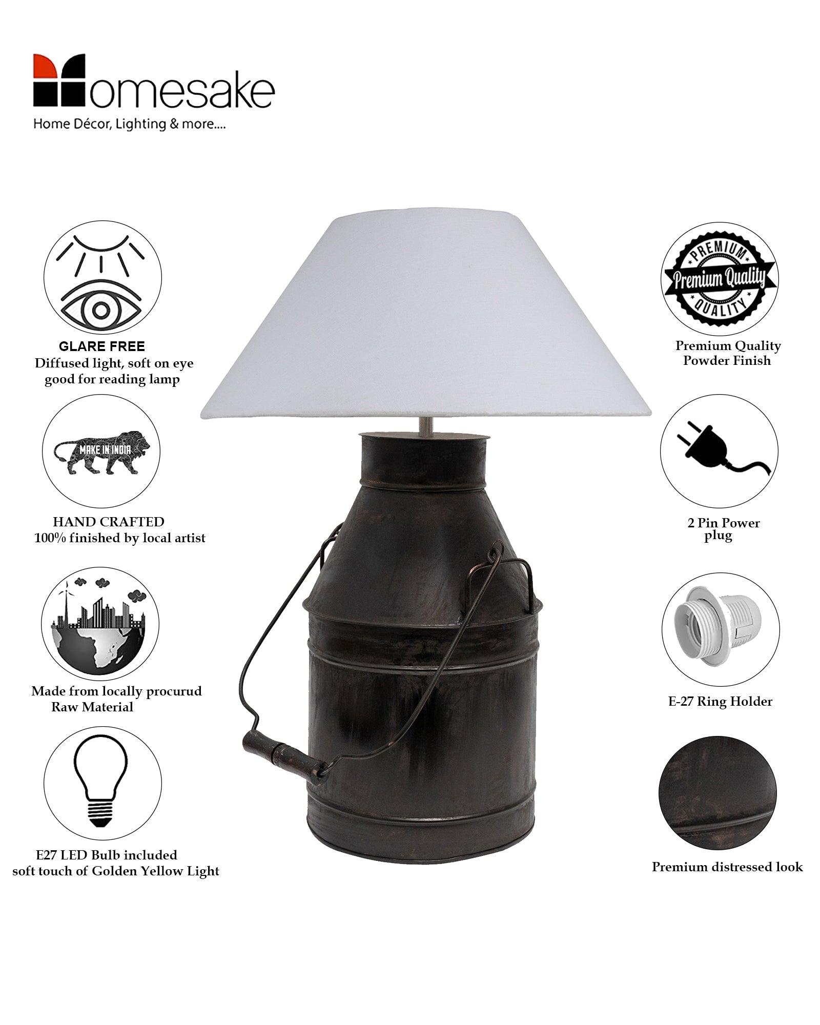 Rustic Milk Churn Can Table Lamp with shade, Black Rust Finish