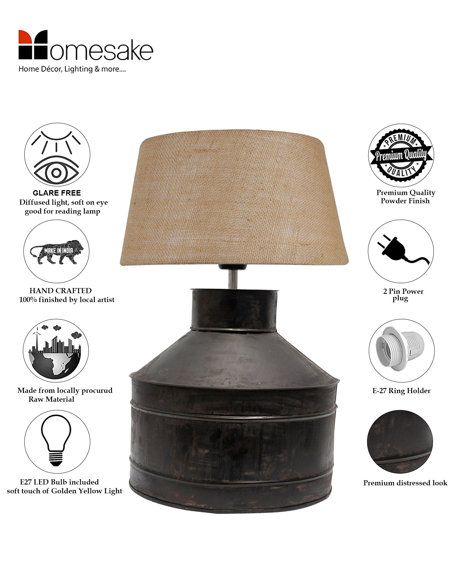 Rustic Milk Gagar Table Lamp with shade, Black Rust Finish