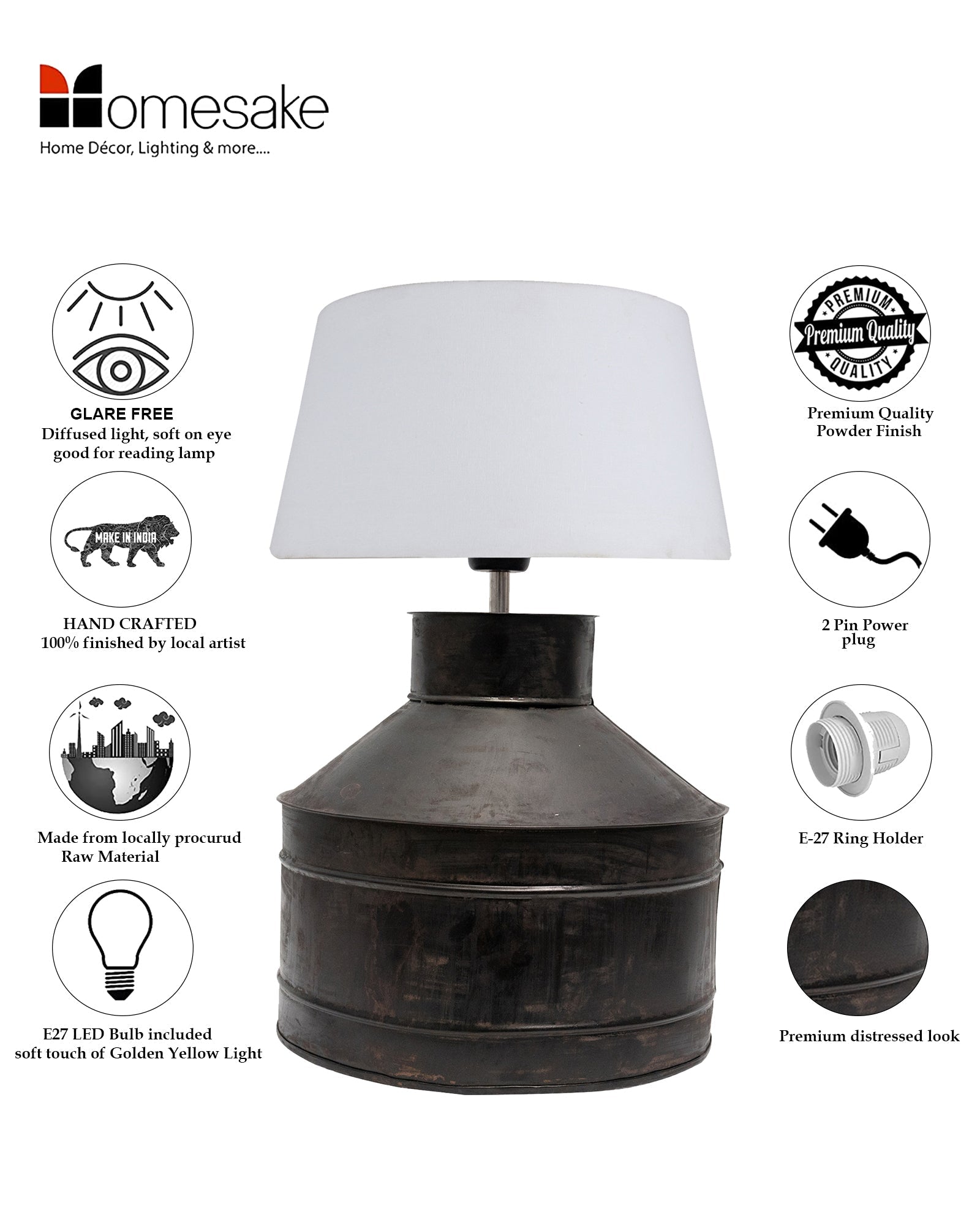 Rustic Milk Gagar Table Lamp with shade, Black Rust Finish