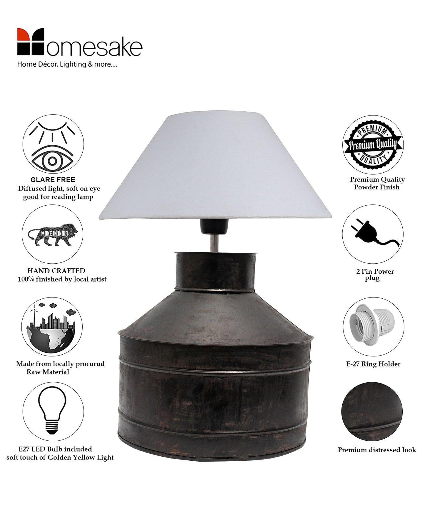 Rustic Milk Gagar Table Lamp with shade, Black Rust Finish