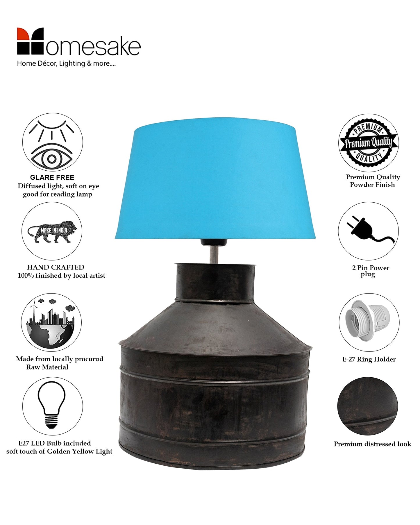 Rustic Milk Gagar Table Lamp with shade, Black Rust Finish